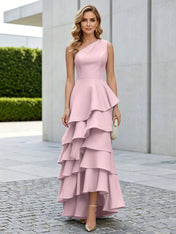 One Shoulder Tiered Ruffle Satin Mermaid Evening Gown with Sculptural Layers