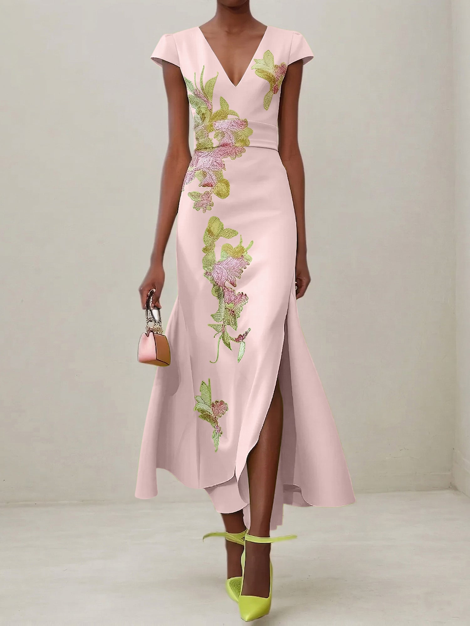 Green Floral V Neck Embroidered Cap Sleeve Slit Sheath Maxi Dress