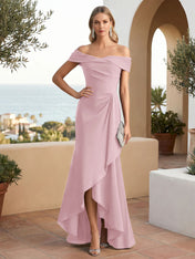 Off the Shoulder Pleat Satin High Low Mermaid Evening Dresses for Women