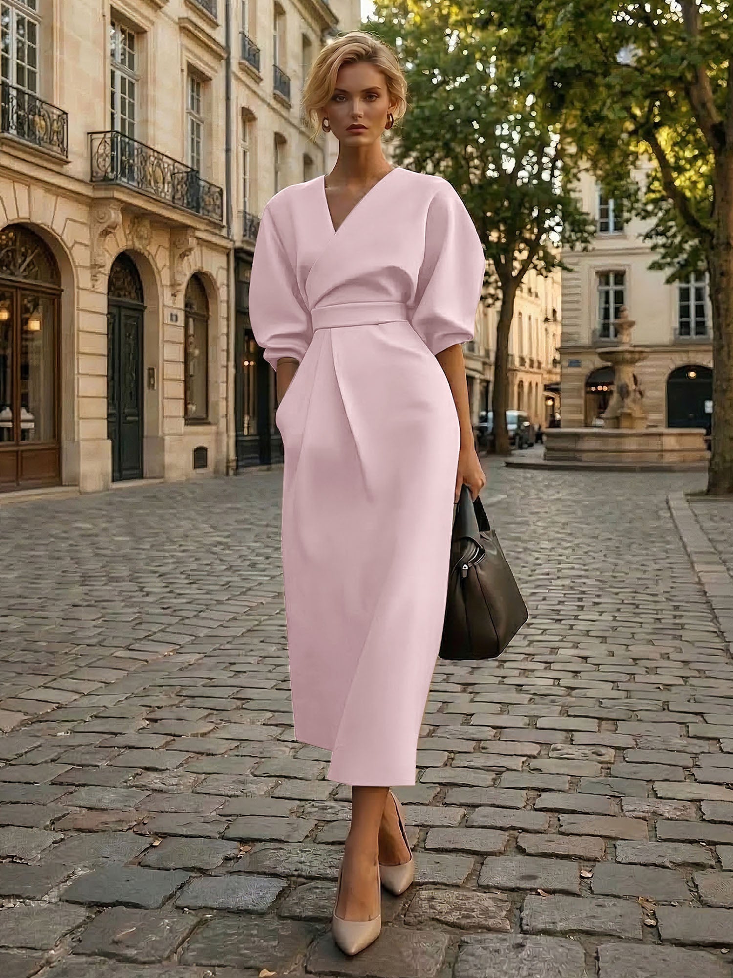 Sophisticated Camel V-Neck Balloon Sleeve Midi Dress Evening Gown