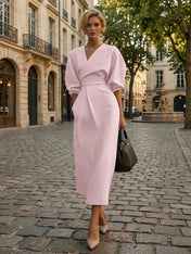 Sophisticated Camel V-Neck Balloon Sleeve Midi Dress Evening Gown