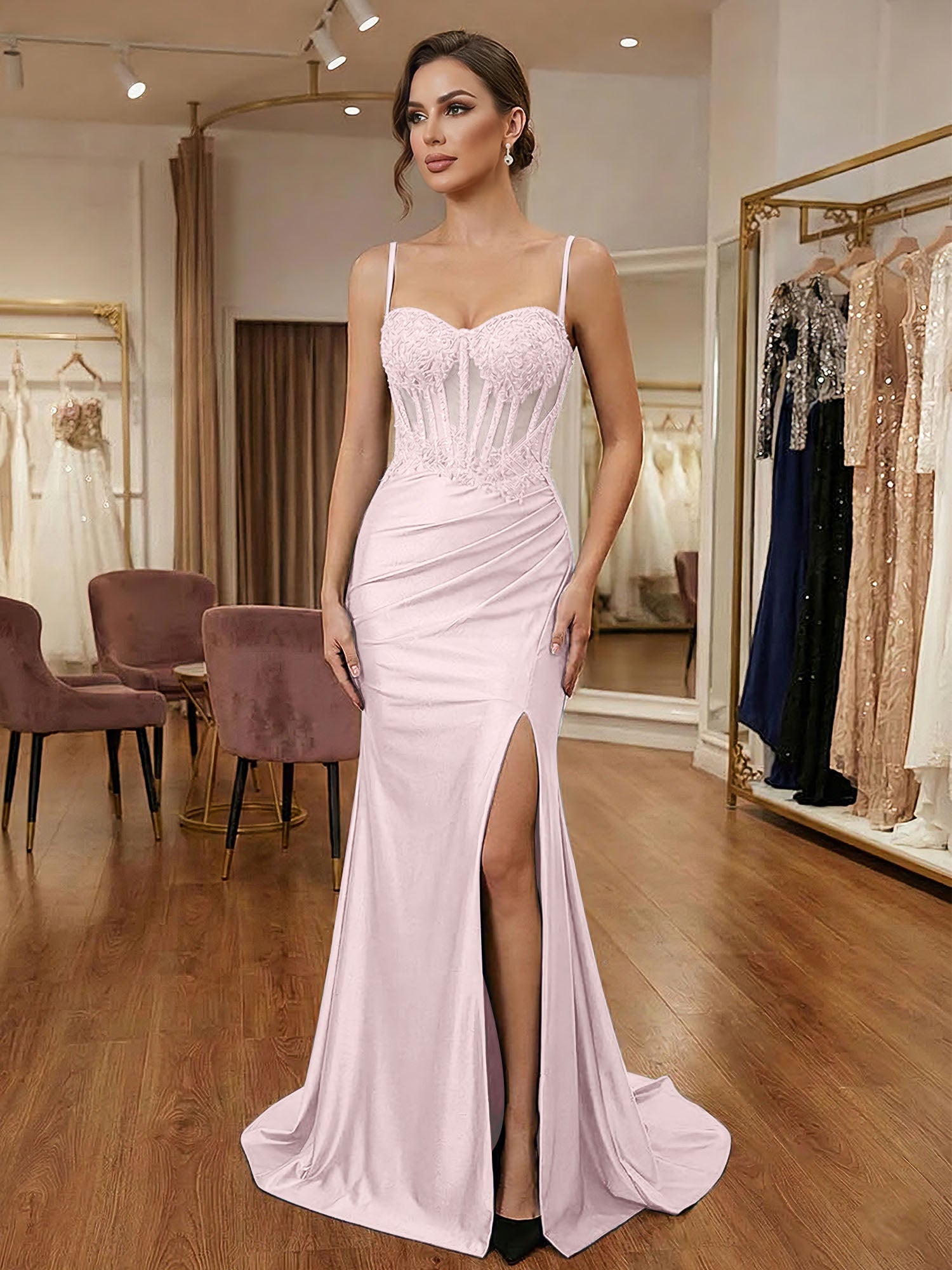 Black Beaded Corset Satin Long Prom Dress with High Slit