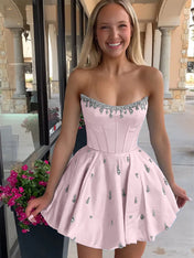Sparkly Satin A Line Short Corset Homecoming Dress with Rhinestones