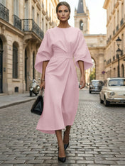 Loose Batwing Sleeve Dress Tight Waist Solid Color Elegant Dresses