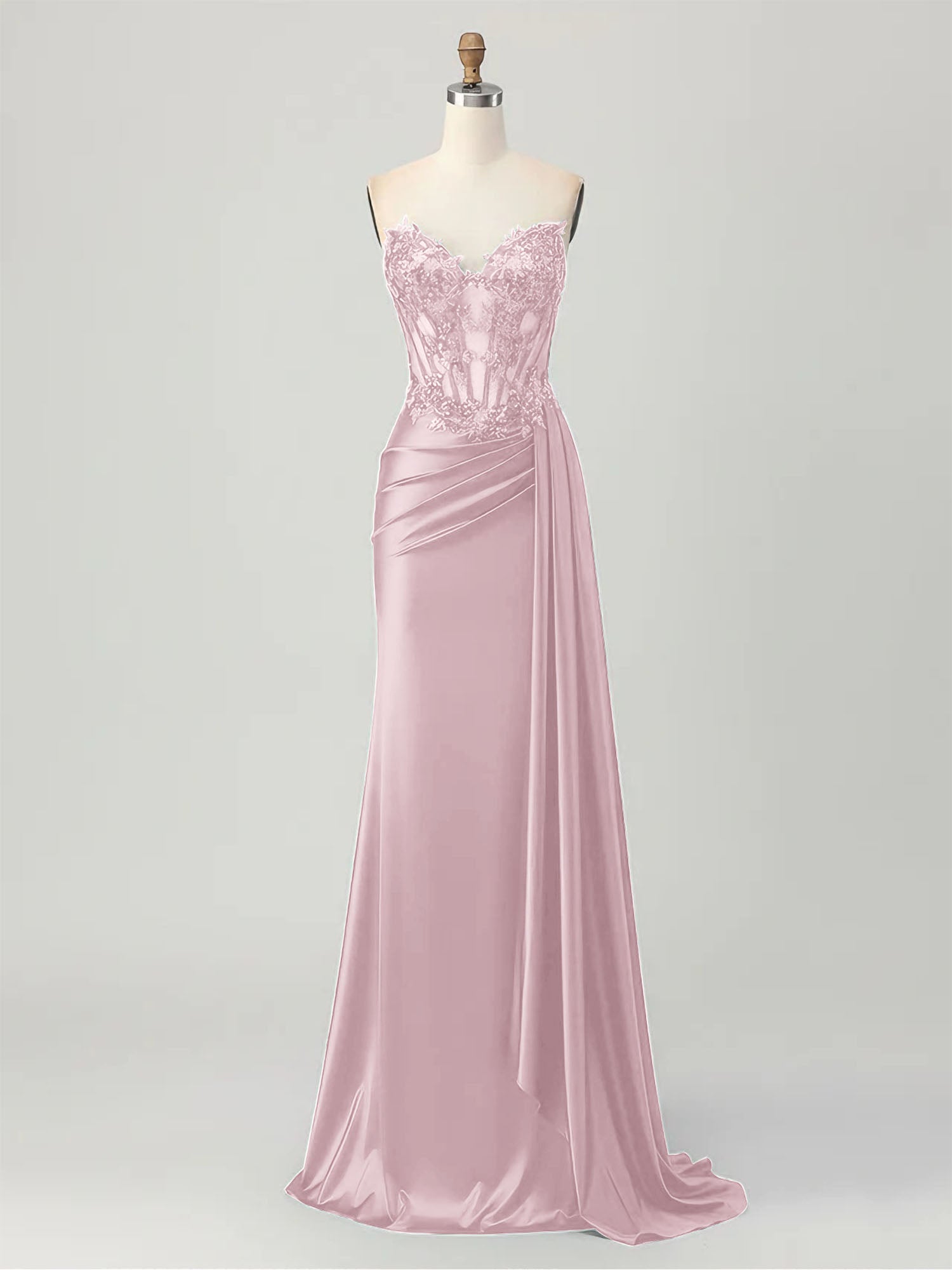 Strapless Illusion Bodice Prom Dress with Satin Skirt