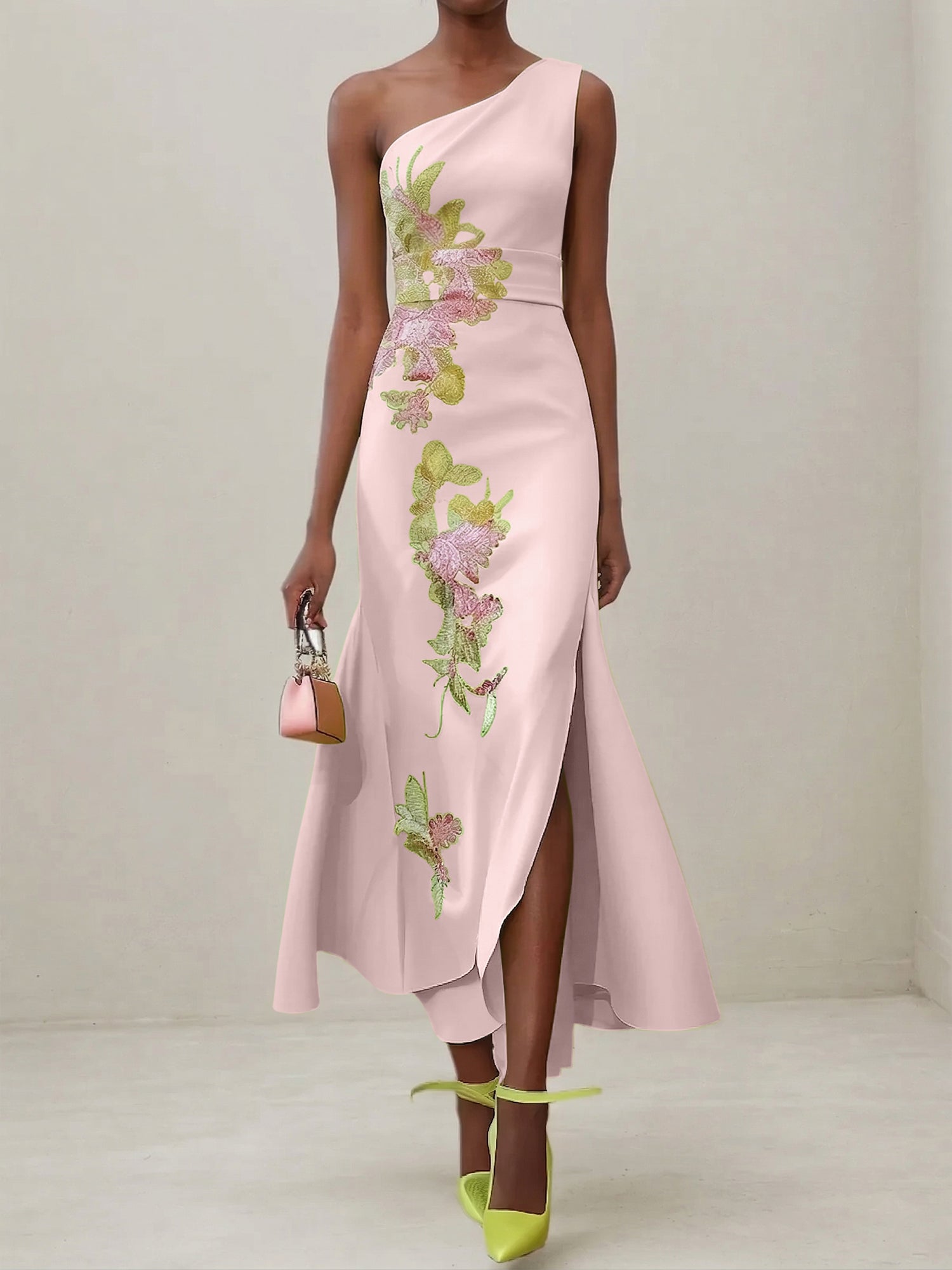 Green Floral One Shoulder Embroidered Cap Sleeve Slit Sheath Maxi Dress