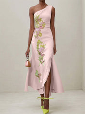 Green Floral One Shoulder Embroidered Cap Sleeve Slit Sheath Maxi Dress