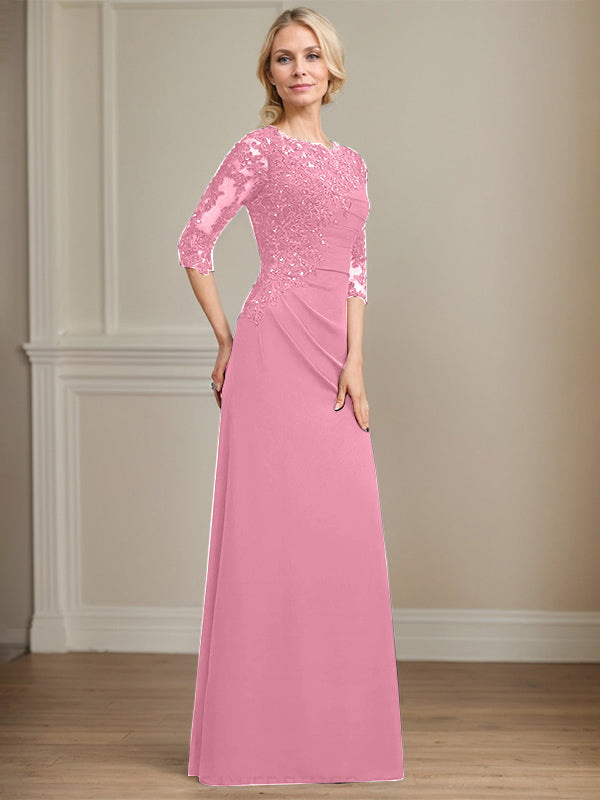A-line Scoop Floor-Length Chiffon Lace Mother of the Bride Dress With Beading Pleated Sequins