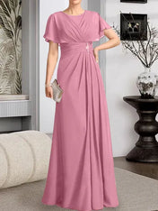 A-line Scoop Floor-Length Chiffon Mother of the Bride Dress With Pleated Beading