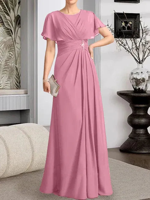 A-line Scoop Floor-Length Chiffon Mother of the Bride Dress With Pleated Beading