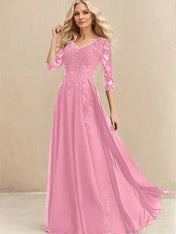 A-line V-Neck Floor-Length Lace Chiffon Mother of the Bride Dress With Sequins