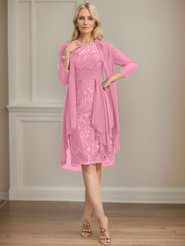 Column Scoop Illusion Knee-Length Lace Chiffon Mother of the Bride Dress With Cascading Ruffles Sequins