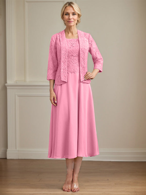 A-line Scoop Tea-Length Lace Chiffon Mother of the Bride Dress