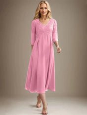 A-line V-Neck Tea-Length Chiffon Lace Mother of the Bride Dress With Beading