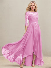A-line Scoop Illusion Asymmetrical Lace Chiffon Mother of the Bride Dress With Pleated Sequins
