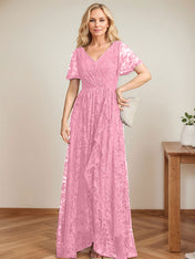 A-Line V-Neck Asymmetrical Lace Mother of the Bride Dress With Cascading Ruffles