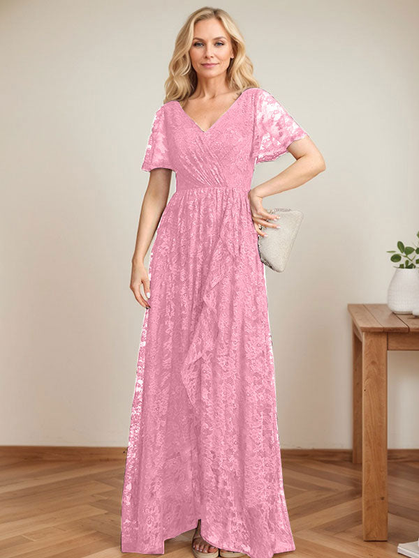 A-Line V-Neck Asymmetrical Lace Mother of the Bride Dress With Cascading Ruffles