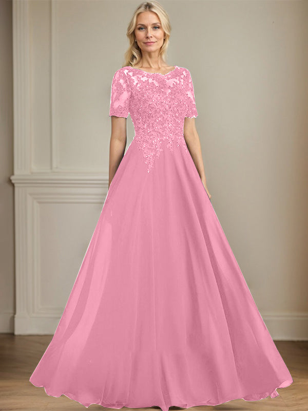 A-line Scoop Illusion Floor-Length Chiffon Lace Mother of the Bride Dress With Sequins Beading