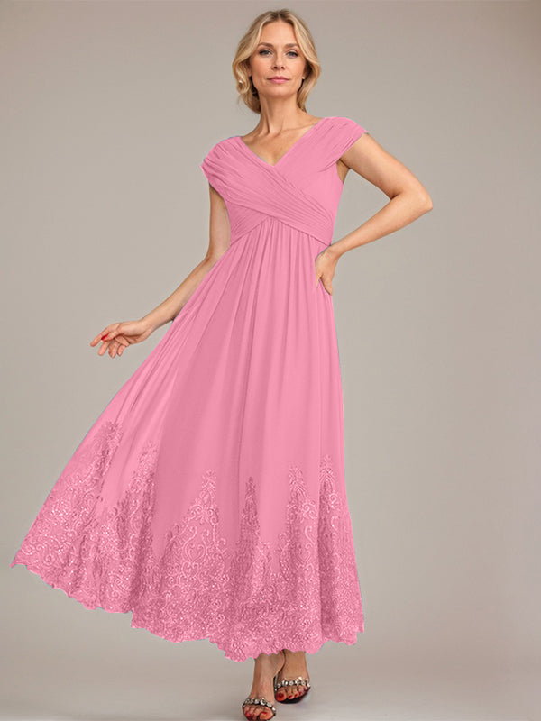 A-line V-Neck Ankle-Length Chiffon Mother of the Bride Dress With Applique Sequins