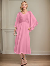 A-line V-Neck Tea-Length Chiffon Lace Mother of the Bride Dress With Beading Sequins