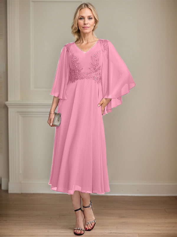 A-line V-Neck Tea-Length Chiffon Lace Mother of the Bride Dress With Beading Sequins