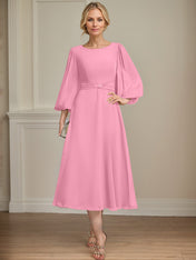 A-line Scoop Tea-Length Chiffon Mother of the Bride Dress With Crystal Brooch Pleated
