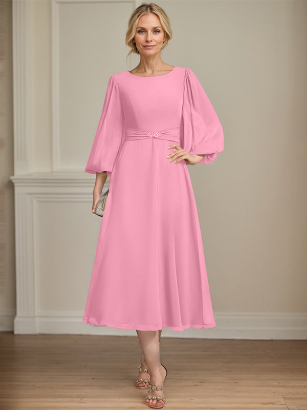 A-line Scoop Tea-Length Chiffon Mother of the Bride Dress With Crystal Brooch Pleated