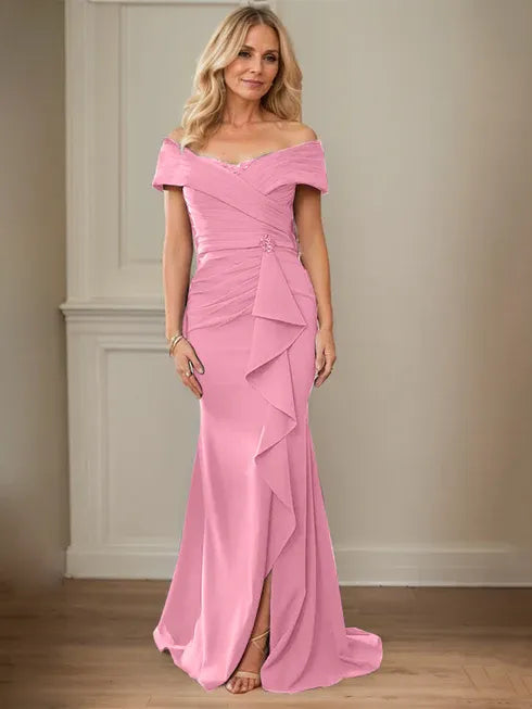 Column V-Neck Illusion Floor-Length Lace Chiffon Mother of the Bride Dress With Pleated Sequins