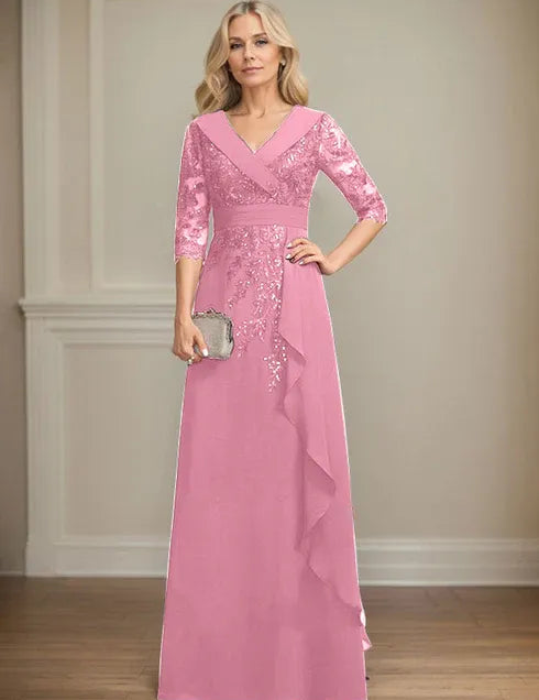 Robe de mère de la mariée trapèze, col en V, longueur au sol, en mousseline de soie et dentelle, avec volants en cascade et paillettes 