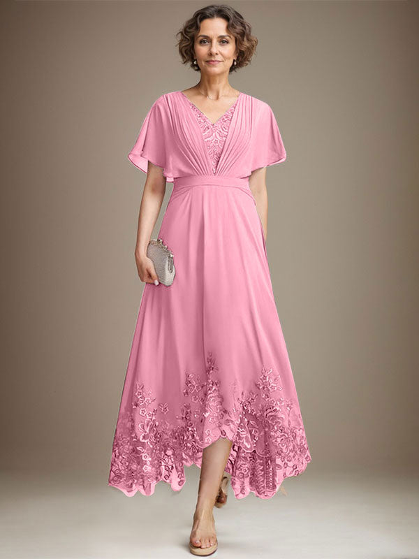 A-line V-Neck Asymmetrical Lace Chiffon Mother of the Bride Dress With Pleated