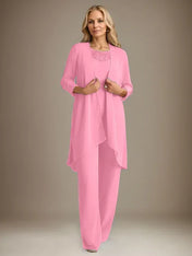 Chiffon Scoop Long Sleeves Mother Of The Bride Pantsuits With Jacket