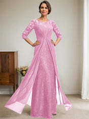 A-Line Scoop Illusion Floor-Length Lace Chiffon Mother Of the Bride Dress With Beading Ruffles