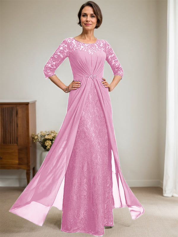 A-Line Scoop Illusion Floor-Length Lace Chiffon Mother Of the Bride Dress With Beading Ruffles