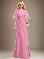 A-line Scoop Floor-Length Chiffon Mother of the Bride Dress With Cascading Ruffles Beading Sequins