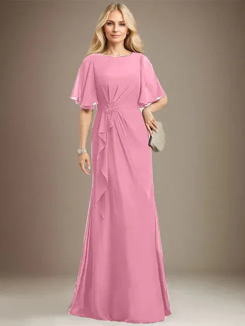 A-line Scoop Floor-Length Chiffon Mother of the Bride Dress With Cascading Ruffles Beading Sequins