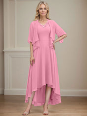 A-line V-Neck Asymmetrical Chiffon Mother of the Bride Dress With Beading Sequins