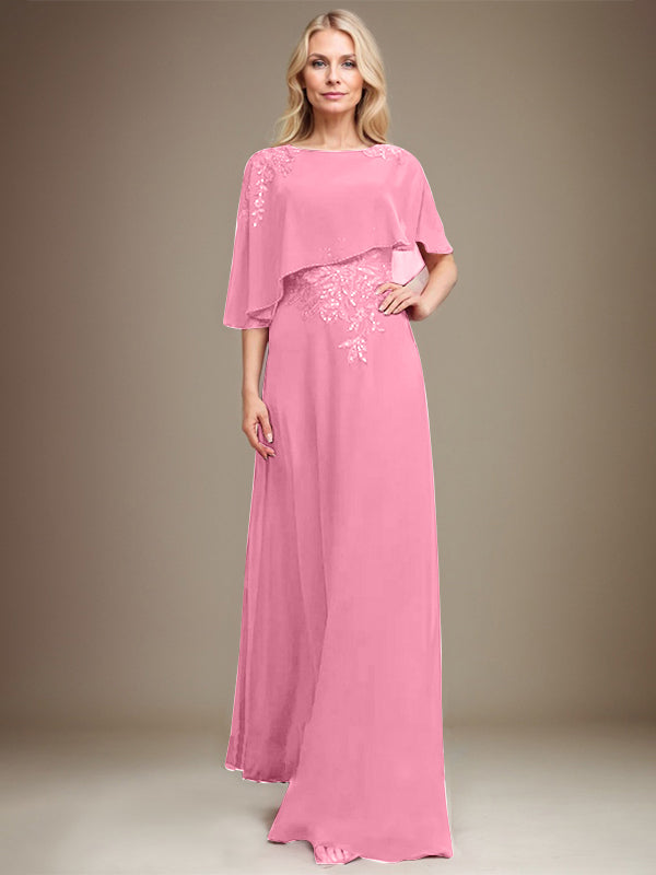 A-line Scoop Floor-Length Chiffon Lace Mother of the Bride Dress With Sequins Beading