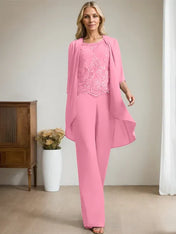 Separates Jumpsuit/Pantsuit Scoop Floor-Length Chiffon Lace Mother of the Bride Dress With Beading Sequins