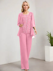 Separates Jumpsuit/Pantsuit Scoop Floor-Length Lace Chiffon Mother of the Bride Dress With Sequins
