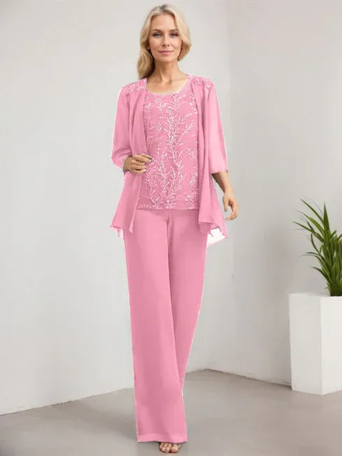 Pantsuit Scoop Floor-Length Lace Chiffon Mother of the Bride Dress With Sequins
