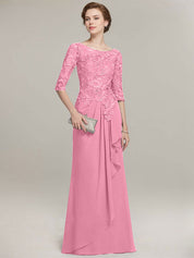 A-line Scoop Illusion Floor-Length Lace Chiffon Mother of the Bride Dress With Cascading Ruffles