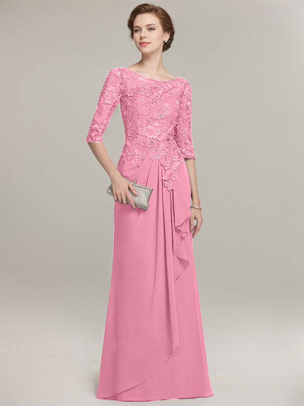 A-line Scoop Illusion Floor-Length Lace Chiffon Mother of the Bride Dress With Cascading Ruffles