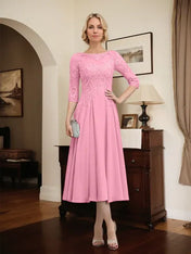 A-line Scoop Illusion Tea-Length Chiffon Lace Mother of the Bride Dress With Beading Sequins