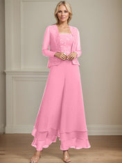 Separates Jumpsuit/Pantsuit Square Ankle-Length Lace Chiffon Mother of the Bride Dress With Sequins