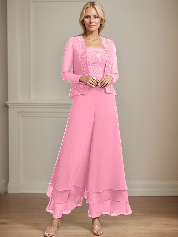 Robe de mère de la mariée en mousseline de soie, longueur cheville, avec sequins, combinaison/tailleur carré 