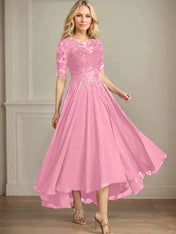 A-line Scoop Illusion Asymmetrical Chiffon Lace Mother of the Bride Dress With Sequins