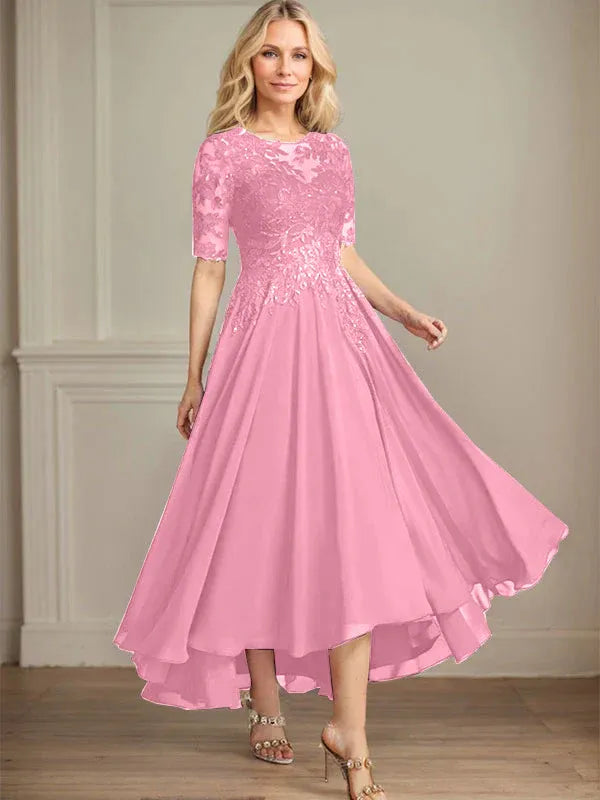 A-line Scoop Illusion Asymmetrical Chiffon Lace Mother of the Bride Dress With Sequins