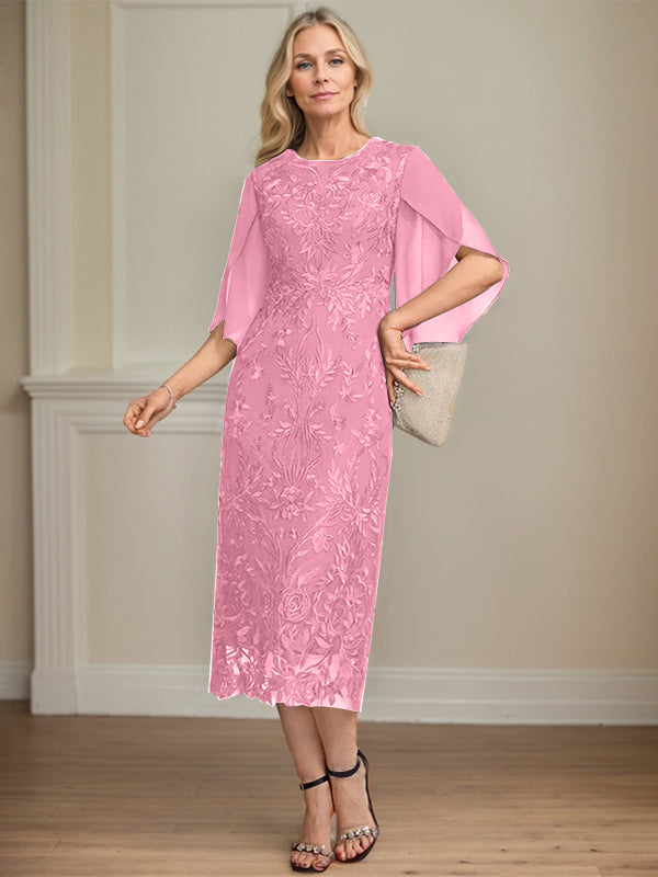 Column Scoop Tea-Length Lace Chiffon Mother of the Bride Dress