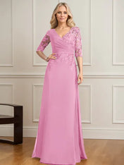 A-line V-Neck Floor-Length Lace Chiffon Mother of the Bride Dress With Pleated Sequins