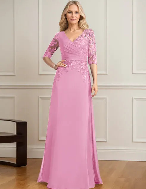 Robe de mère de la mariée trapèze, col en V, longueur au sol, en mousseline de soie et dentelle, avec sequins plissés 